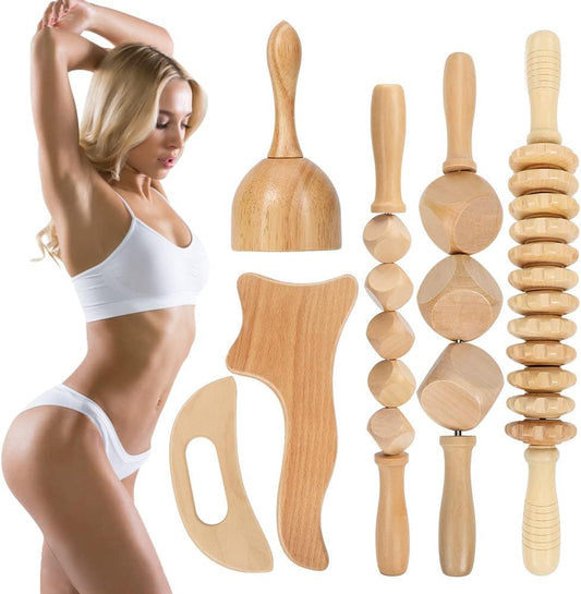 6 in 1 Wood Therapy Massage Tool Lymphatic Drainage Massager anti Cellulite Fascia Massage Roller for Full Body Muscle Relaxatio